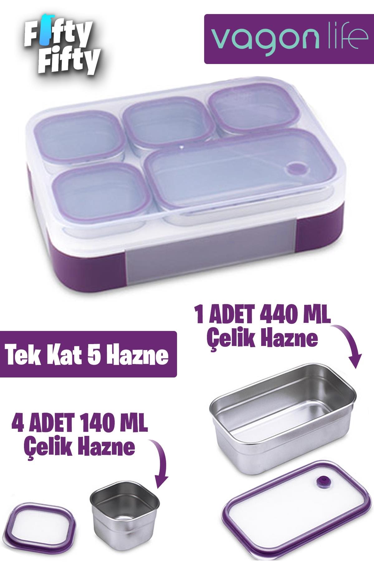 Vagonlife Lunch Box 1000 ML (Sızdırmaz,Karışmaz 5 Hazneli) Yeni Nesil Sefer Tası -FFLBOX40097 - Mor
