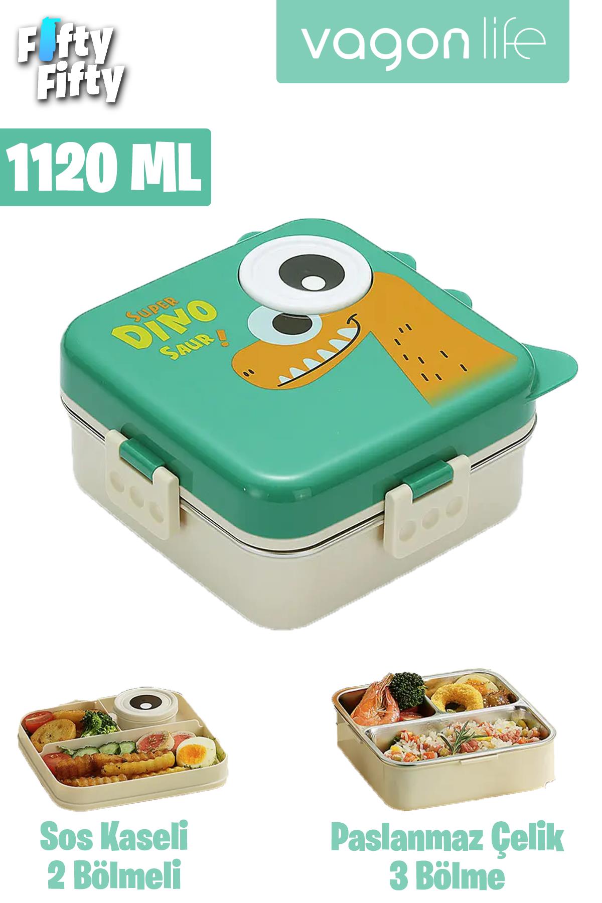 Vagonlife Lunch Box 1120 ML (Sızdırmaz,Karışmaz Üç Bölmeli) Sos Kaseli Yeni Nesil Sefer Tası-FFLBOX10082 - Yeşil