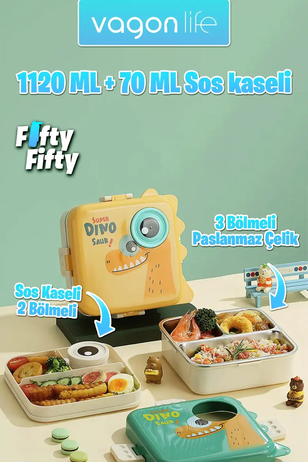 Vagonlife Lunch Box 1120 ML (Sızdırmaz,Karışmaz Üç Bölmeli) Sos Kaseli Yeni Nesil Sefer Tası-FFLBOX10082