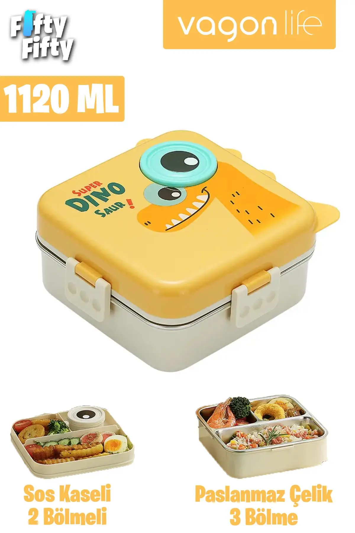 Vagonlife Lunch Box 1120 ML (Sızdırmaz,Karışmaz Üç Bölmeli) Sos Kaseli Yeni Nesil Sefer Tası-FFLBOX10082 - Sarı