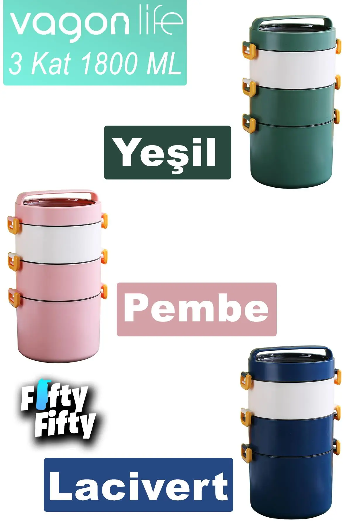 Vagonlife Lunch Box 3 Katlı Büyük Boy 1800 ML Ofis-Okul İçin Yeni Nesil Sefer Tası-FFLBOX3KAT1800ML