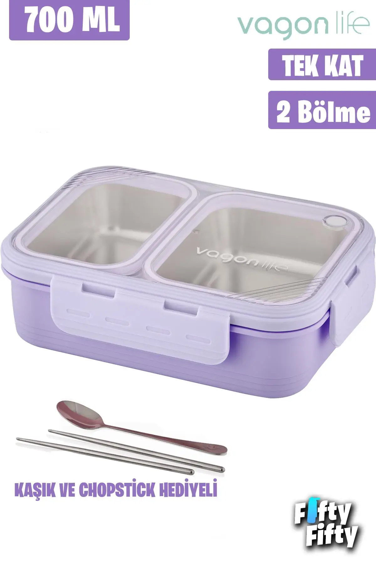 Vagonlife Lunch Box 700 ML Tek Kat İki Bölmeli Metal Kaşıklı Yeni Nesil Sefer Tası-FFLBOX7096 - Mor