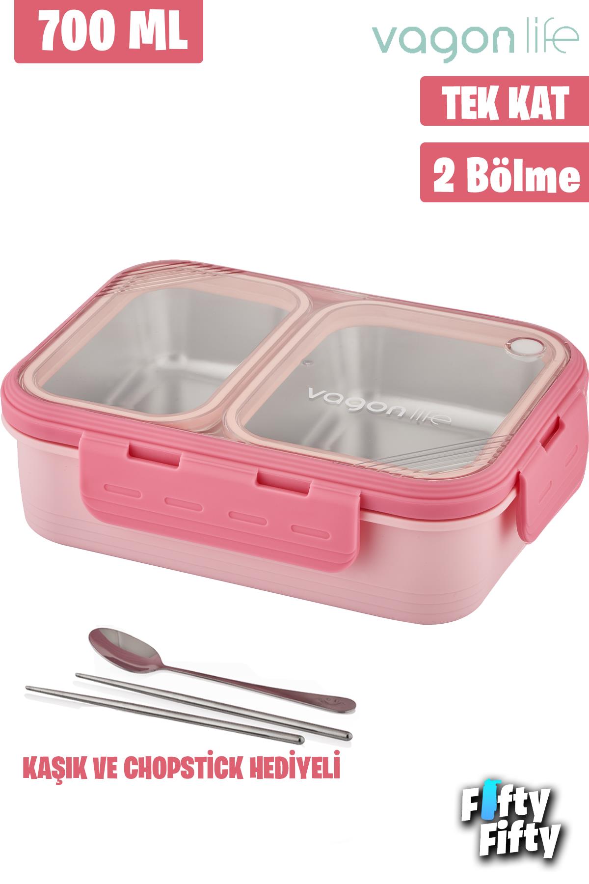 Vagonlife Lunch Box 700 ML Tek Kat İki Bölmeli Metal Kaşıklı Yeni Nesil Sefer Tası-FFLBOX7096 - Pembe