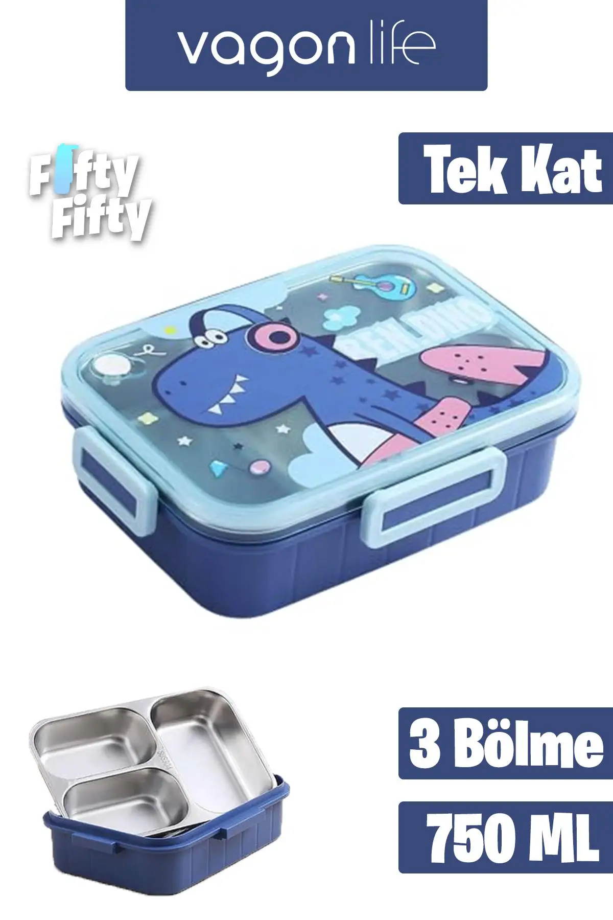 Vagonlife Lunch Box 750 ML (Sızdırmaz,Karışmaz Üç Bölmeli) Yeni Nesil Sefer Tası-FFLBOX50555 - Lacivert