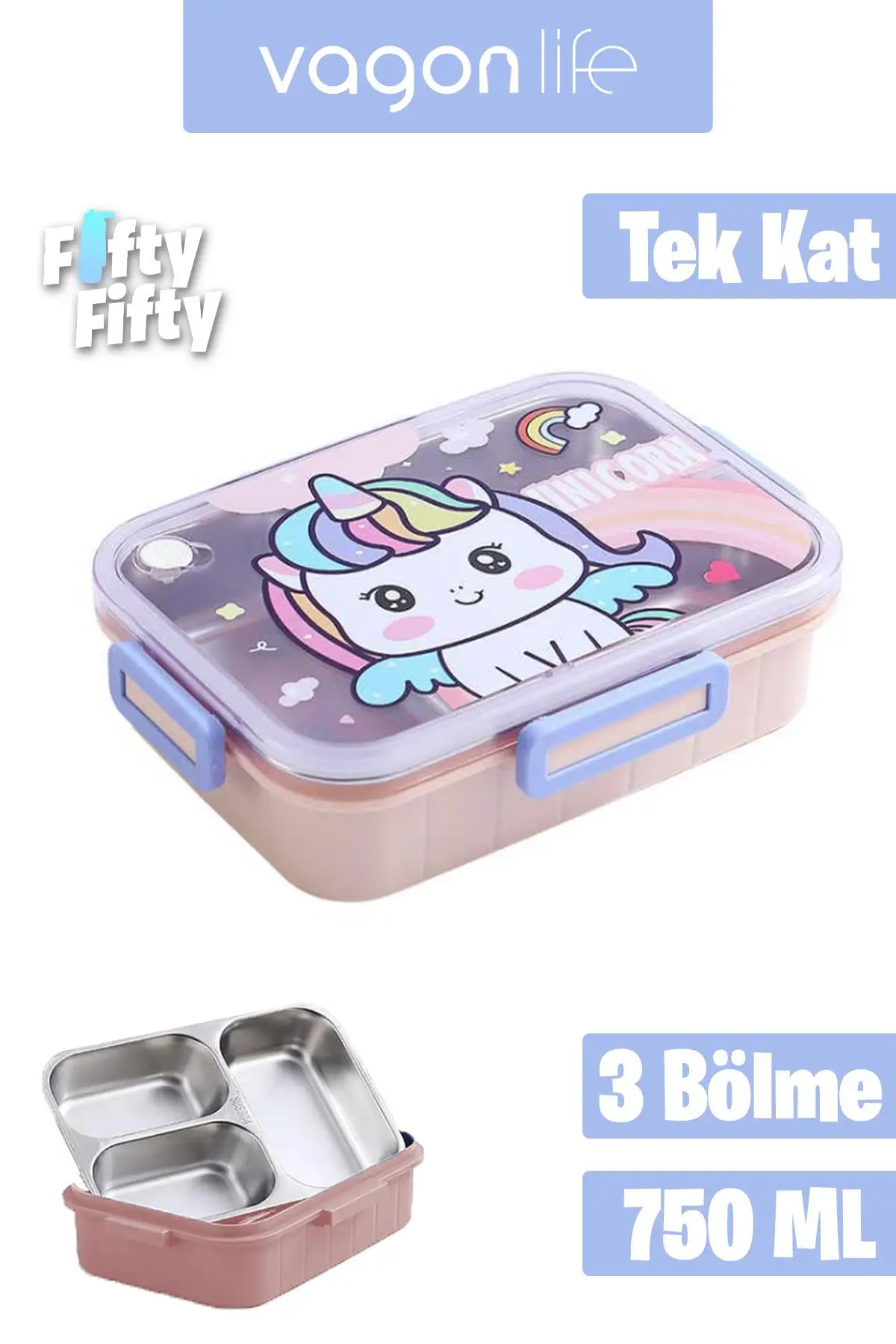 Vagonlife Lunch Box 750 ML (Sızdırmaz,Karışmaz Üç Bölmeli) Yeni Nesil Sefer Tası-FFLBOX50555 - Pudra