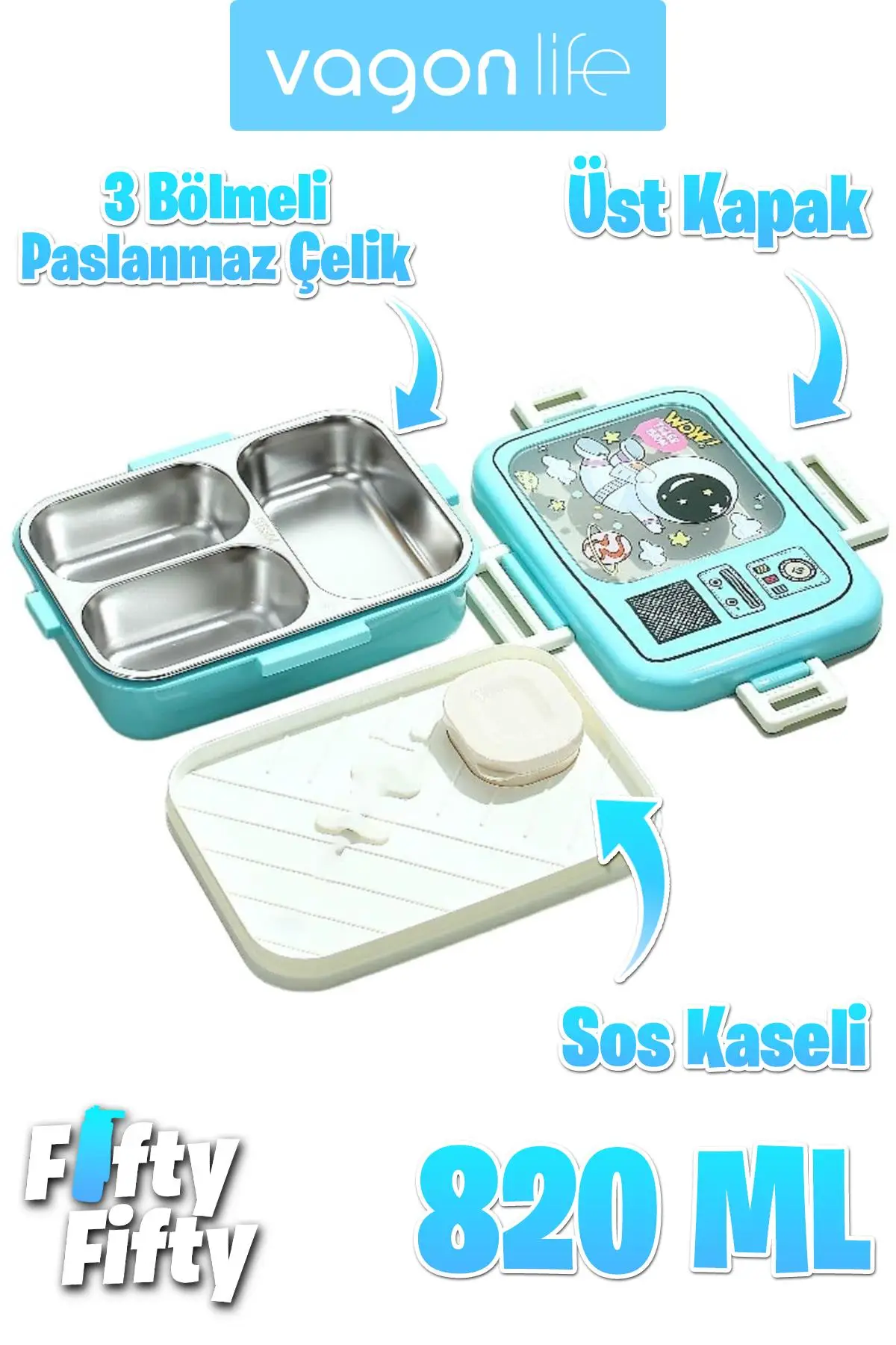 Vagonlife Lunch Box 820 ML Tek Kat Üç Bölmeli Sos Kaseli Yeni Nesil Sefer Tası-FFLBOX10283