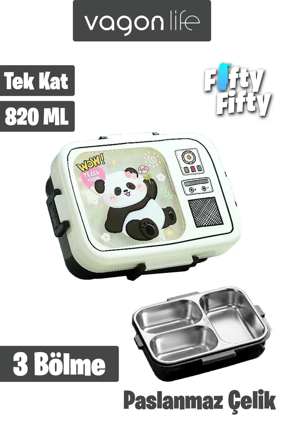 Vagonlife Lunch Box 820 ML Tek Kat Üç Bölmeli Sos Kaseli Yeni Nesil Sefer Tası-FFLBOX10283 - Siyah
