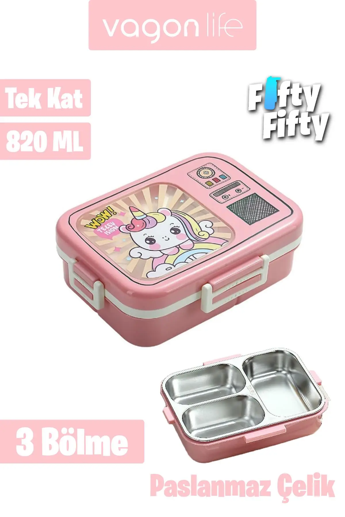 Vagonlife Lunch Box 820 ML Tek Kat Üç Bölmeli Sos Kaseli Yeni Nesil Sefer Tası-FFLBOX10283 - Pembe