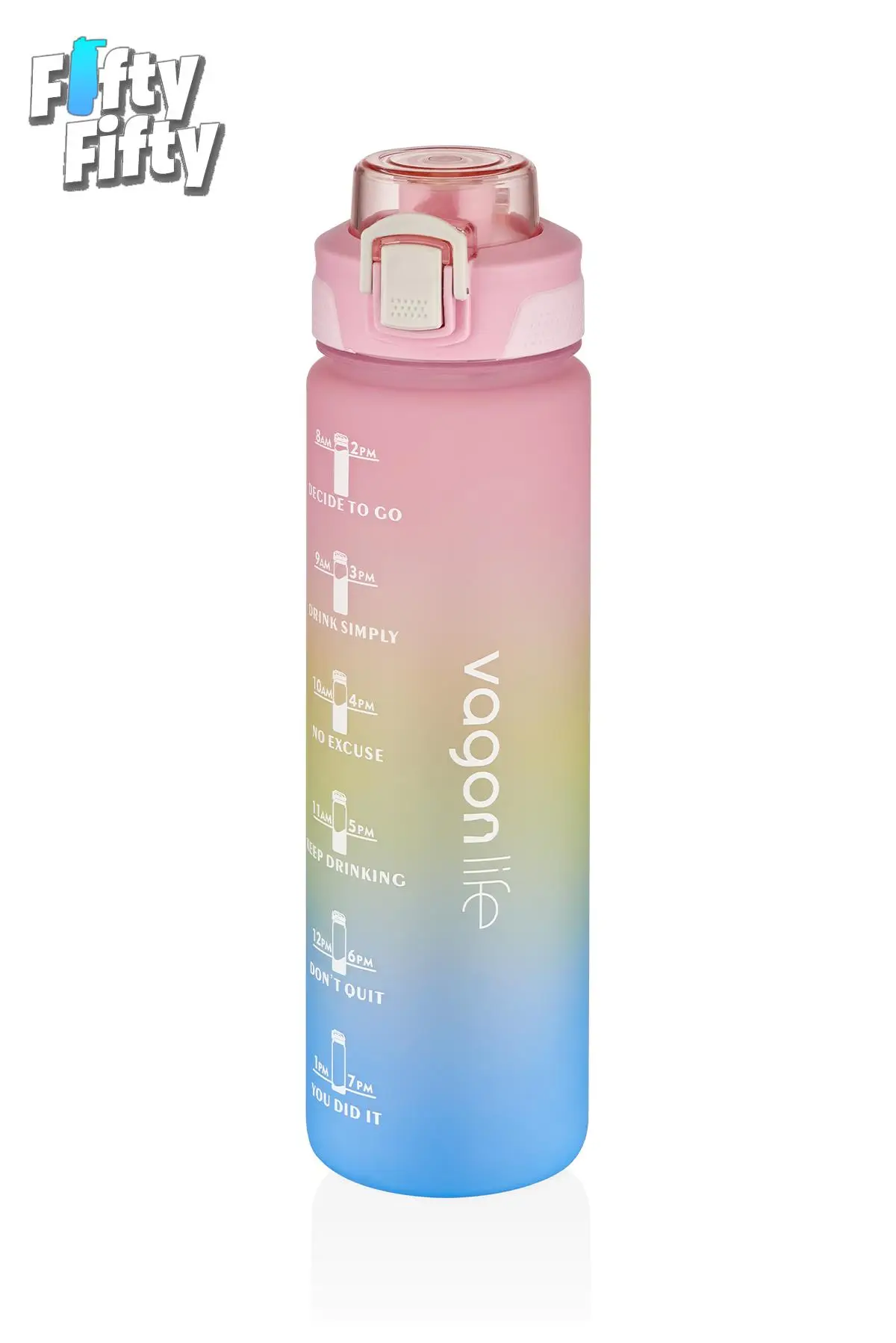 Vagonlife 1 LİTRE Çift Renk Motivasyon Su Matarası Çift Kullanım Pipetli Ve Rahat İçim Sticker Hediyeli - Pembe-Mavi