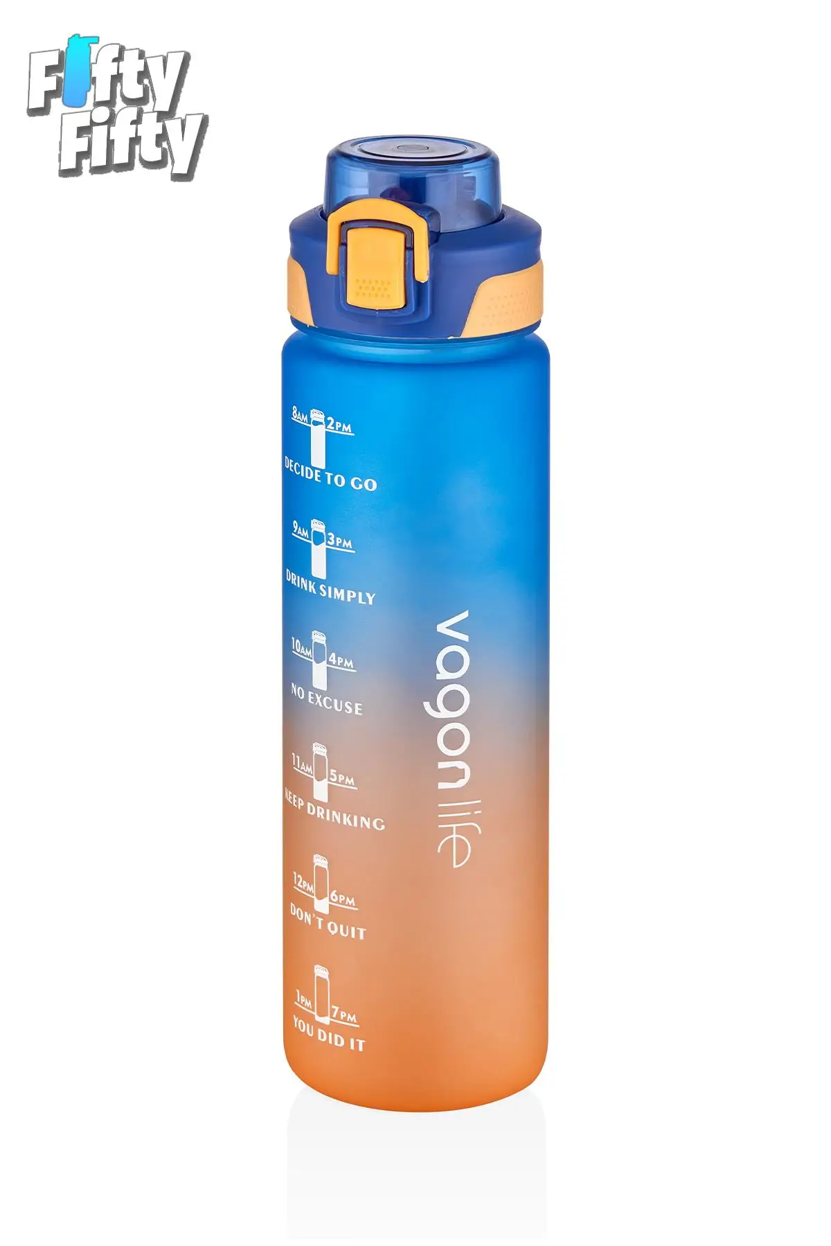 Vagonlife 1 LİTRE Çift Renk Motivasyon Su Matarası Çift Kullanım Pipetli Ve Rahat İçim Sticker Hediyeli - Mavi-Turuncu