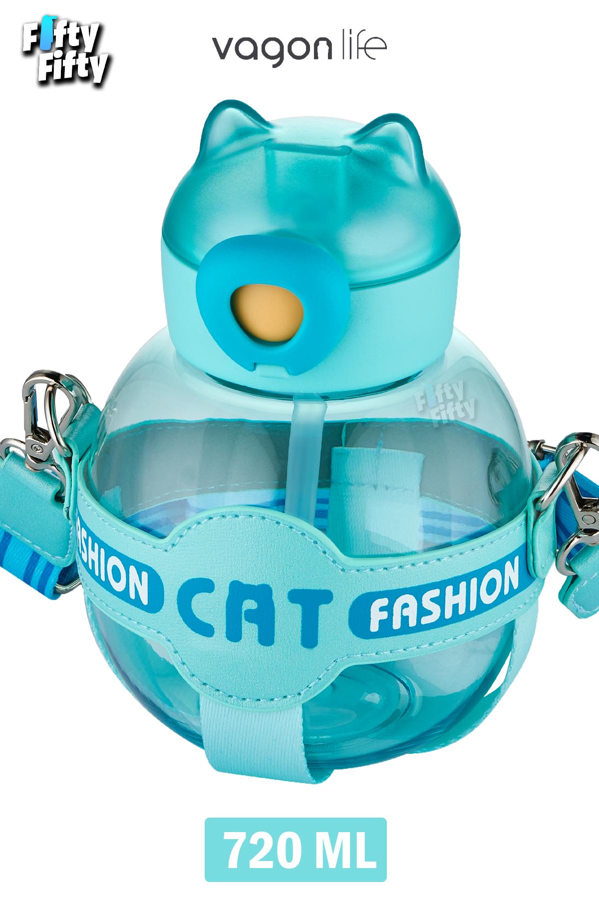 Vagonlife Pipetli 720 ML Boyun Askılı Çocuk Su Matarası -Cat Fashion-FFVGN2031-720ML - Turkuaz