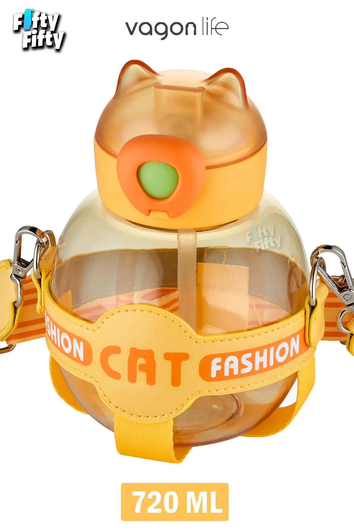 Vagonlife Pipetli 720 ML Boyun Askılı Çocuk Su Matarası -Cat Fashion-FFVGN2031-720ML - Sarı