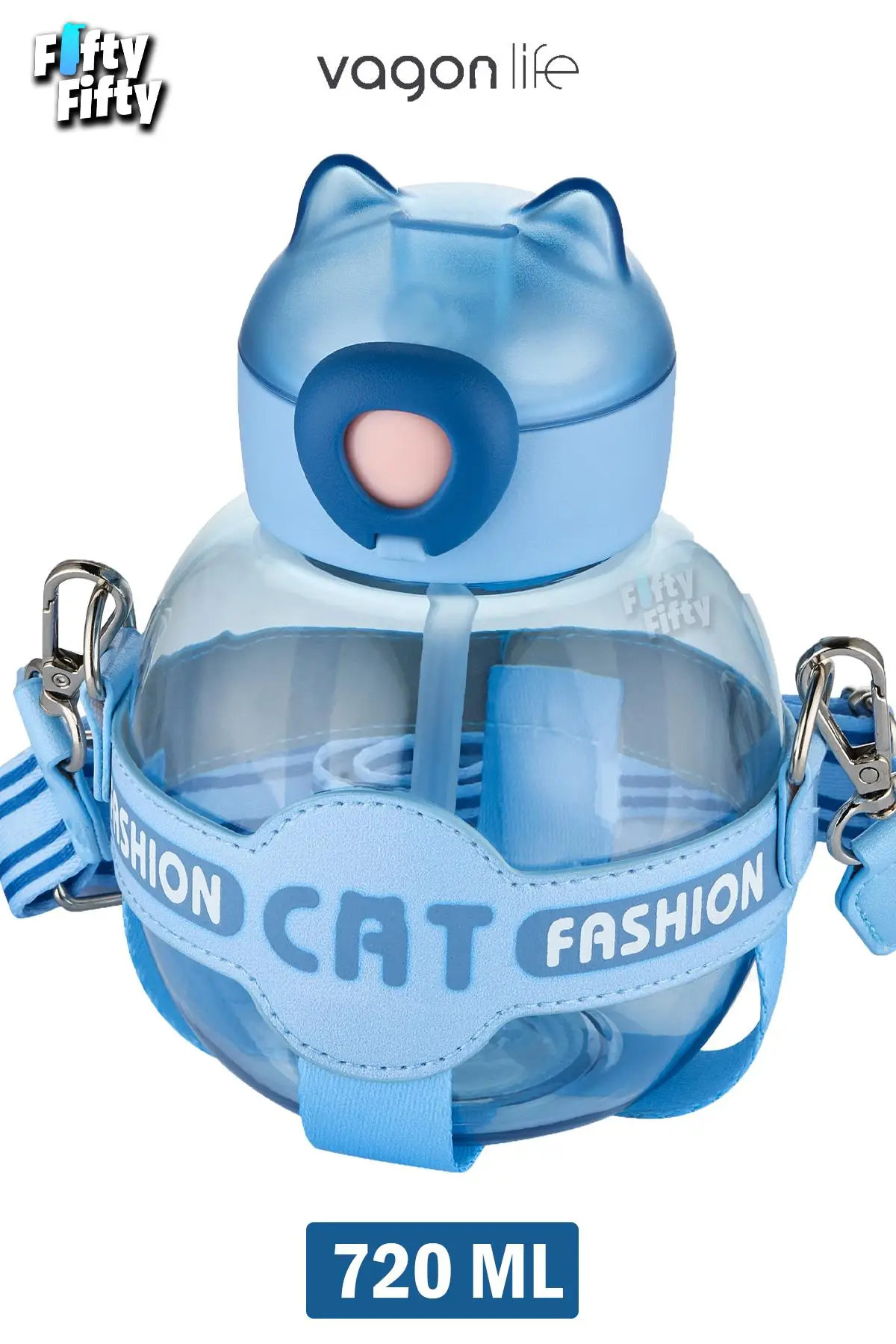Vagonlife Pipetli 720 ML Boyun Askılı Çocuk Su Matarası -Cat Fashion-FFVGN2031-720ML - Mavi