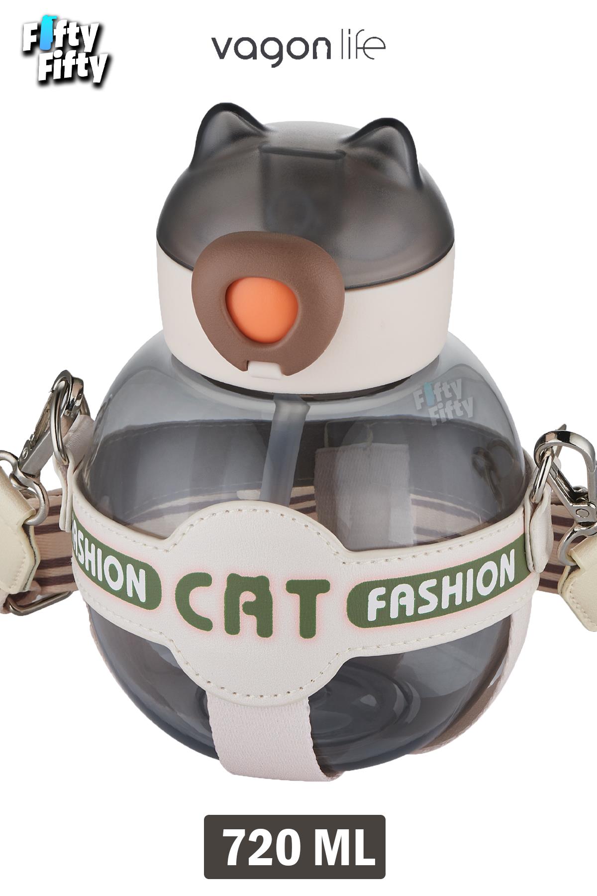 Vagonlife Pipetli 720 ML Boyun Askılı Çocuk Su Matarası -Cat Fashion-FFVGN2031-720ML - Siyah