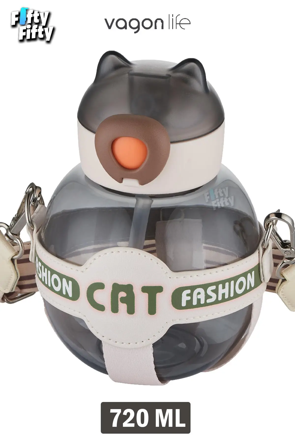 Vagonlife Pipetli 720 ML Boyun Askılı Çocuk Su Matarası -Cat Fashion-FFVGN2031-720ML - Siyah