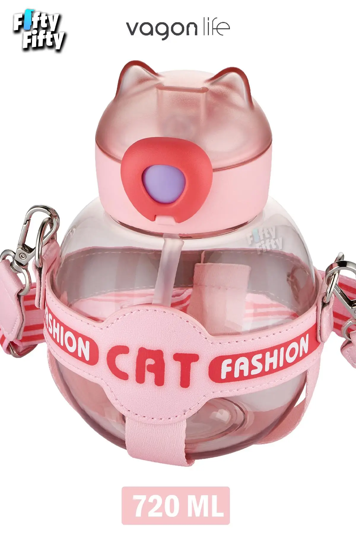 Vagonlife Pipetli 720 ML Boyun Askılı Çocuk Su Matarası -Cat Fashion-FFVGN2031-720ML