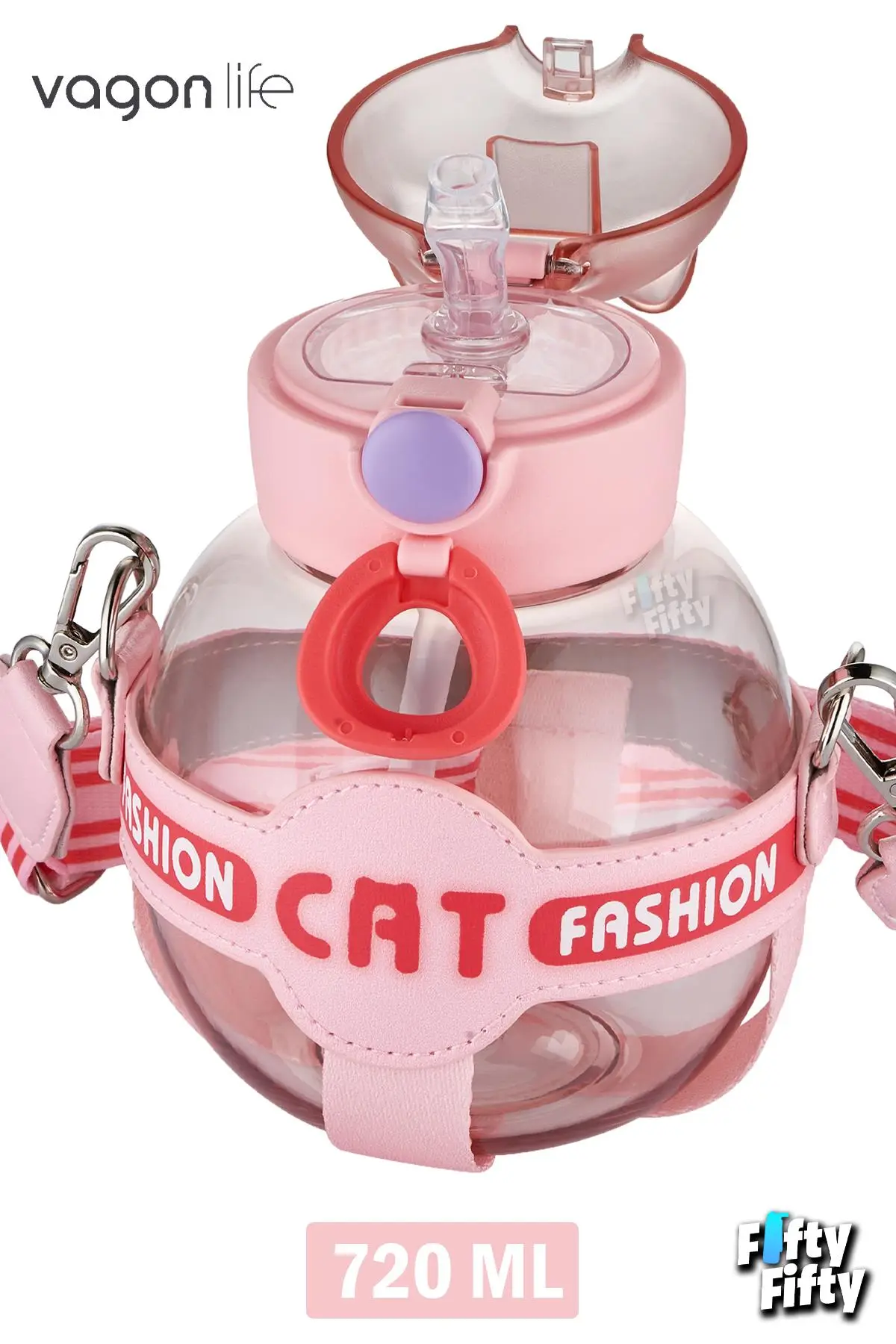 Vagonlife Pipetli 720 ML Boyun Askılı Çocuk Su Matarası -Cat Fashion-FFVGN2031-720ML