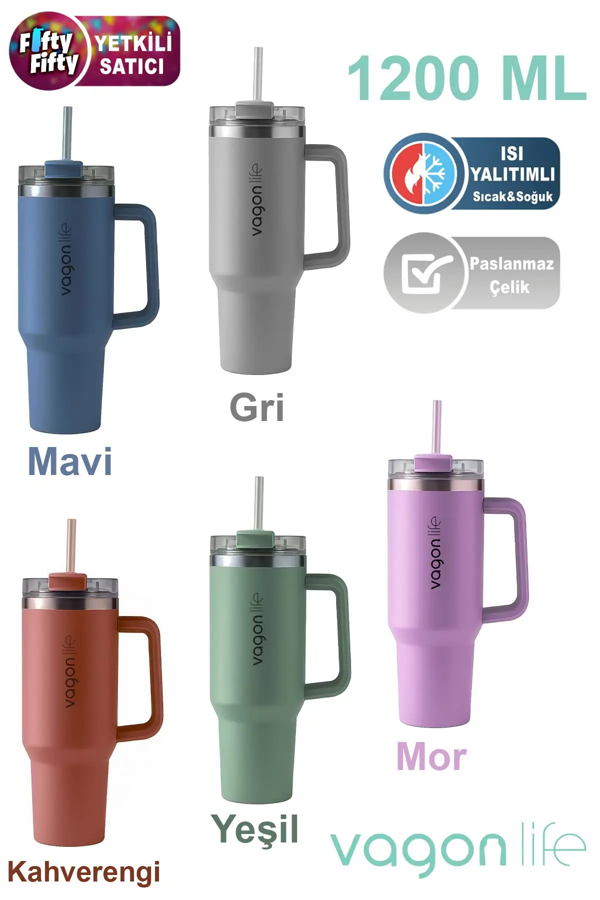 Vagonlife Quencher Cup 1200 ML Pipetli/Rahat İçim Kulplu Paslanmaz Çelik Termos -FFVGN0581200ML