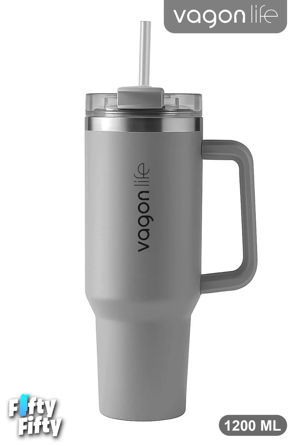 Vagonlife Quencher Cup 1200 ML Pipetli/Rahat İçim Kulplu Paslanmaz Çelik Termos -FFVGN0581200ML - Gri