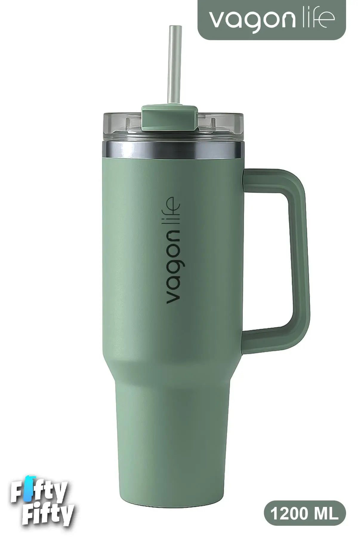 Vagonlife Quencher Cup 1200 ML Pipetli/Rahat İçim Kulplu Paslanmaz Çelik Termos -FFVGN0581200ML - Yeşil