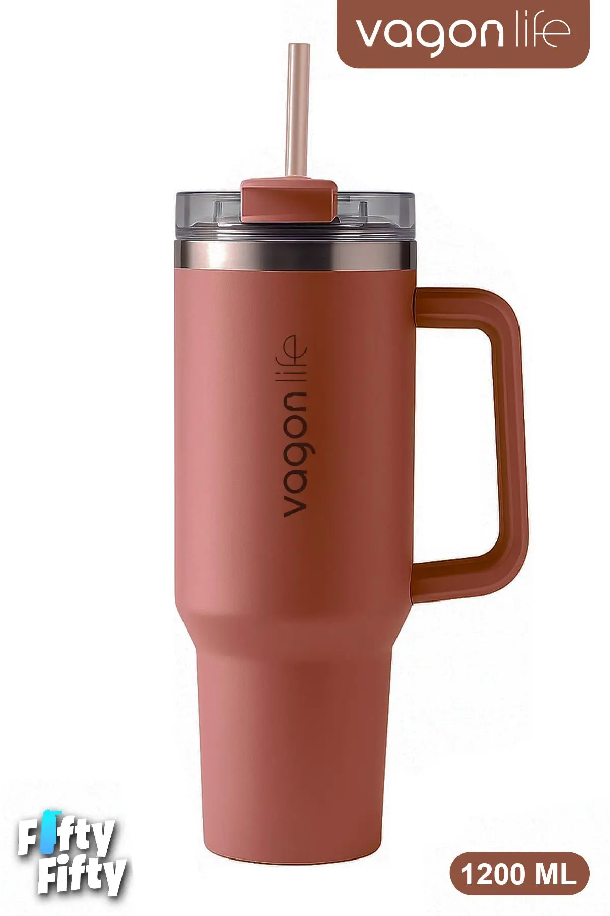 Vagonlife Quencher Cup 1200 ML Pipetli/Rahat İçim Kulplu Paslanmaz Çelik Termos -FFVGN0581200ML - Kahverengi