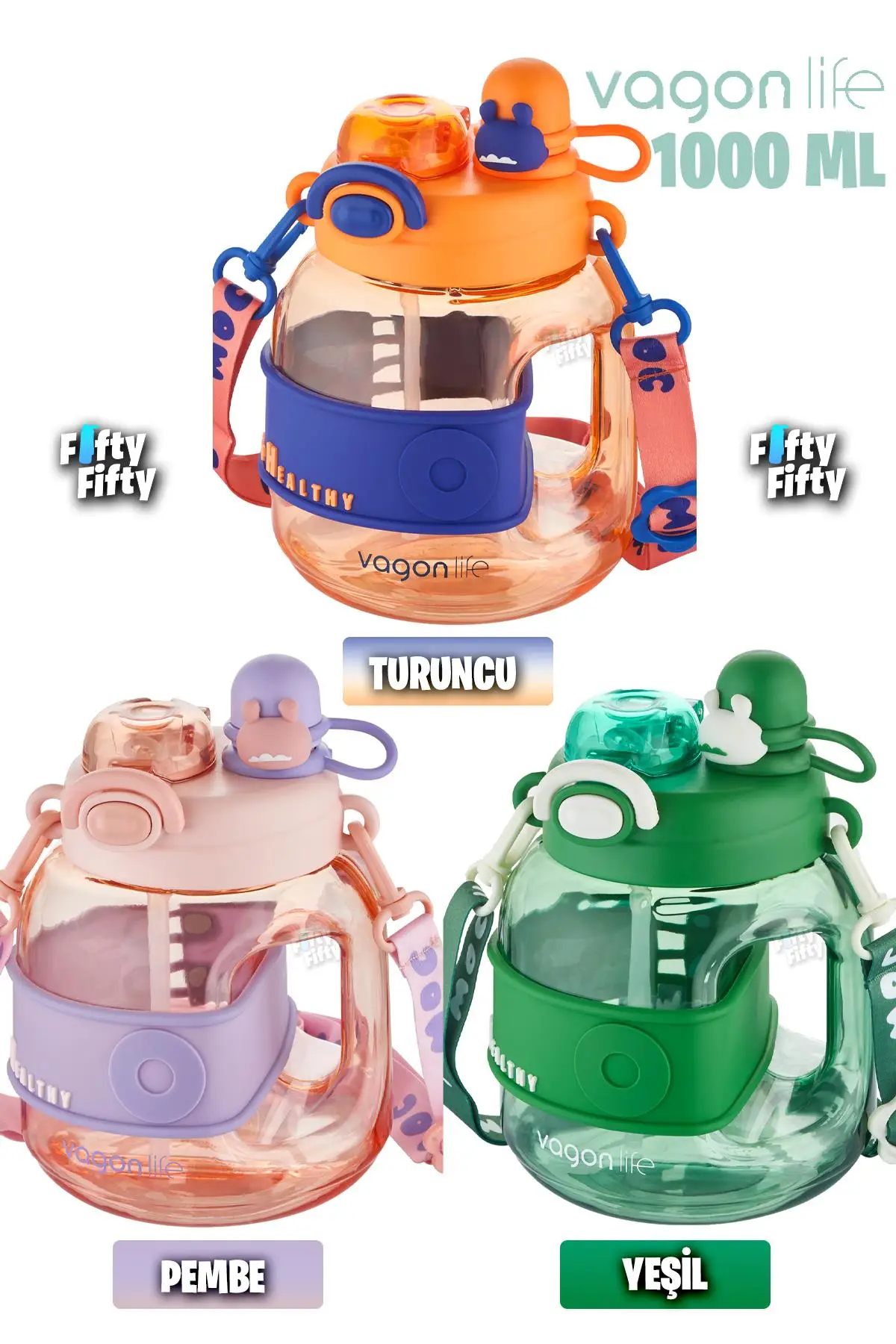 Vagonlife Tek Kapak Çift Kullanım Pipetli/Rahat İçim 1000 ML Boyun Askılı Çocuk Su Matarası-FFVGN6278-1000ML