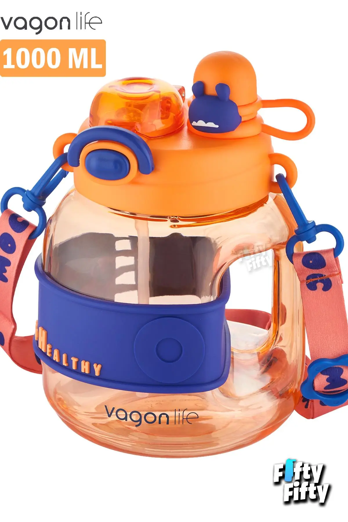 Vagonlife Tek Kapak Çift Kullanım Pipetli/Rahat İçim 1000 ML Boyun Askılı Çocuk Su Matarası-FFVGN6278-1000ML - Turuncu