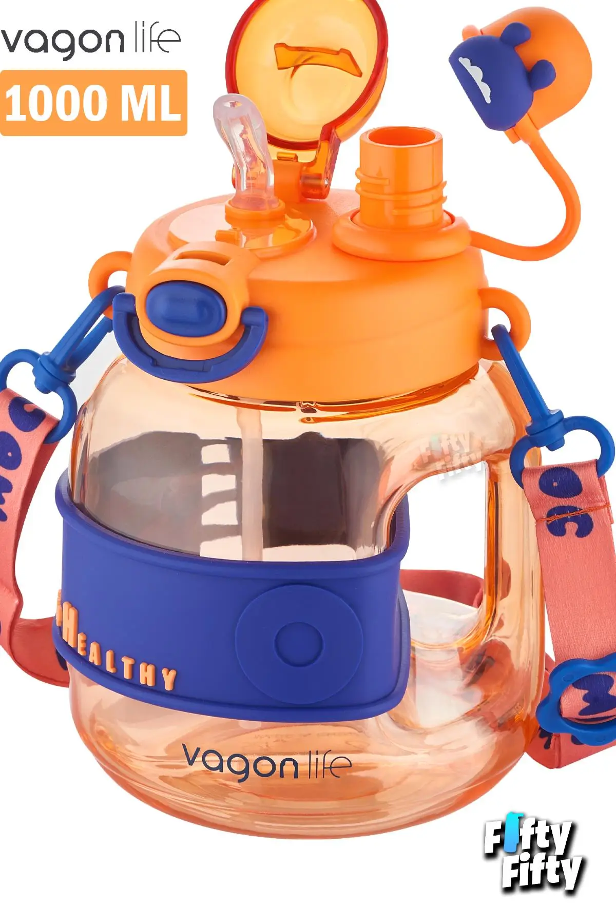 Vagonlife Tek Kapak Çift Kullanım Pipetli/Rahat İçim 1000 ML Boyun Askılı Çocuk Su Matarası-FFVGN6278-1000ML