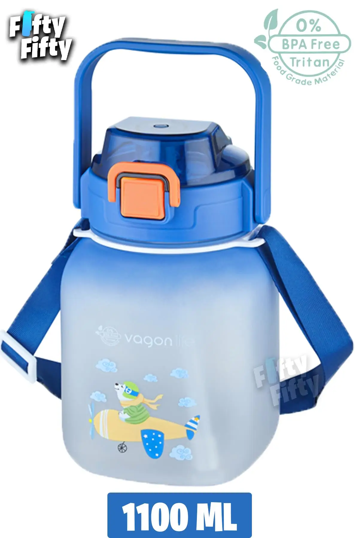 Vagonlife Tritan 1100 Ml Çocuk Askılı-Pipetli/Pipetsiz Kullanım Su Matarası-Çıkartma Hediyeli