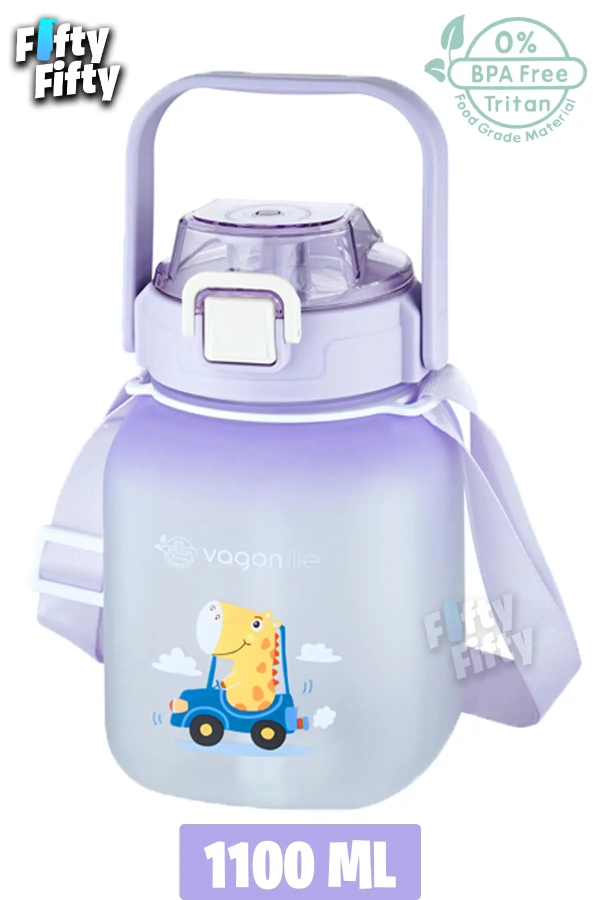 Vagonlife Tritan 1100 Ml Çocuk Askılı-Pipetli/Pipetsiz Kullanım Su Matarası-Çıkartma Hediyeli - Mor