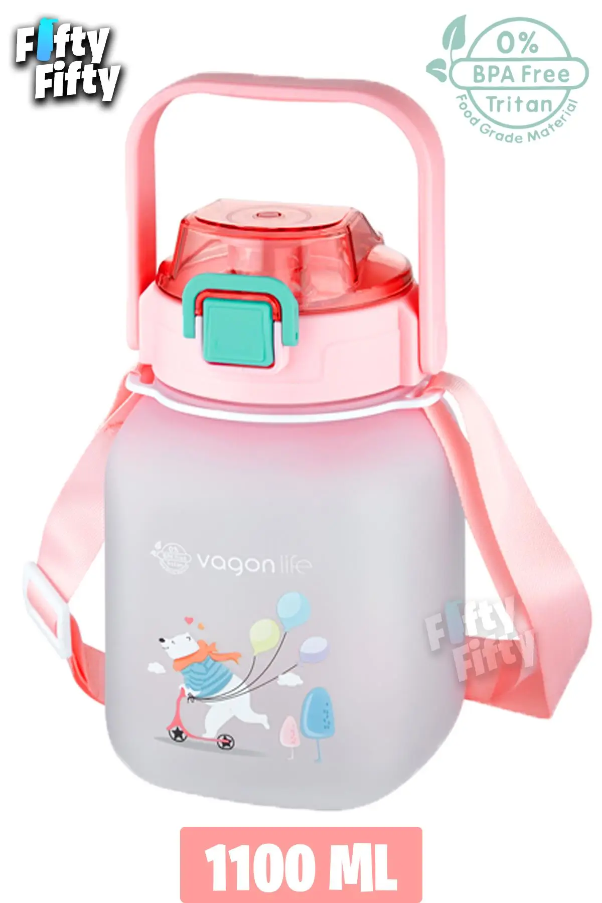 Vagonlife Tritan 1100 Ml Çocuk Askılı-Pipetli/Pipetsiz Kullanım Su Matarası-Çıkartma Hediyeli