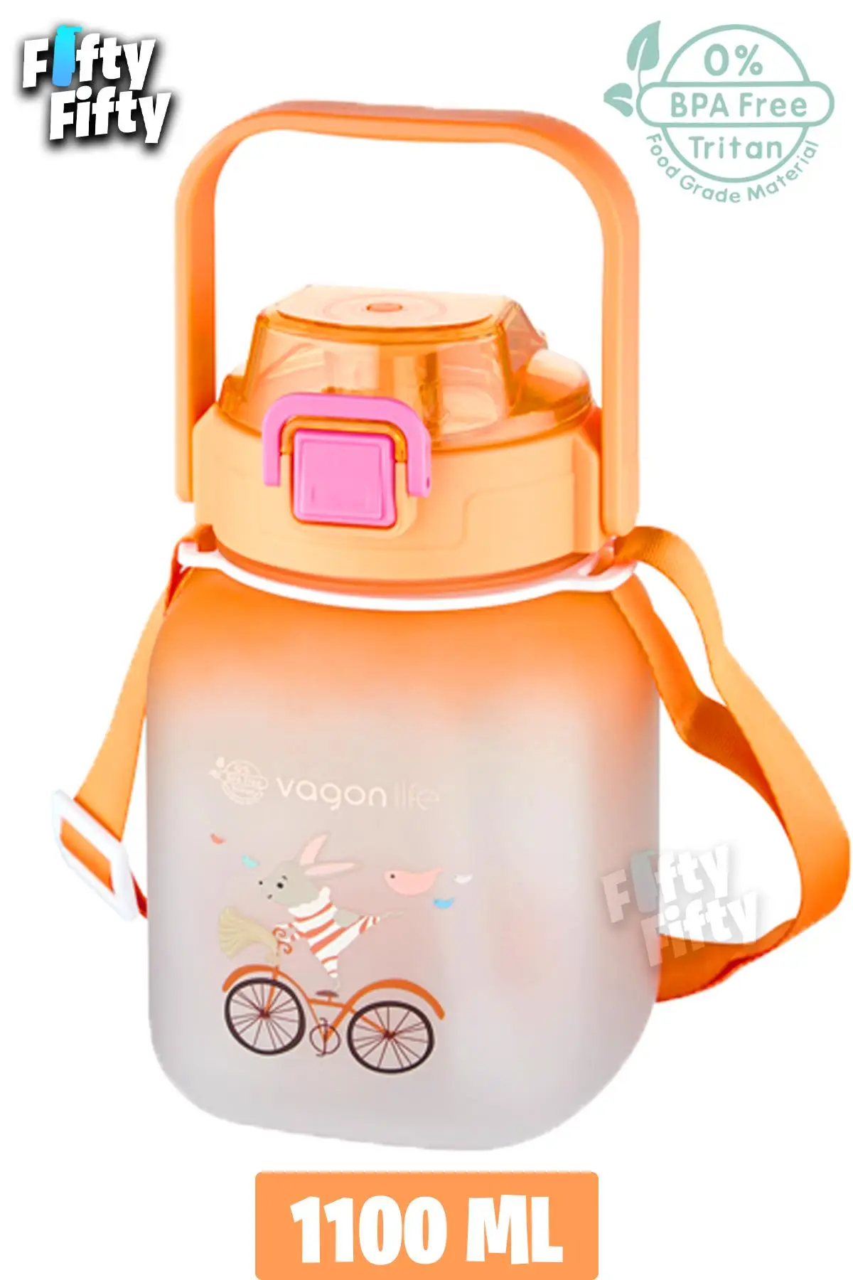 Vagonlife Tritan 1100 Ml Çocuk Askılı-Pipetli/Pipetsiz Kullanım Su Matarası-Çıkartma Hediyeli - Turuncu