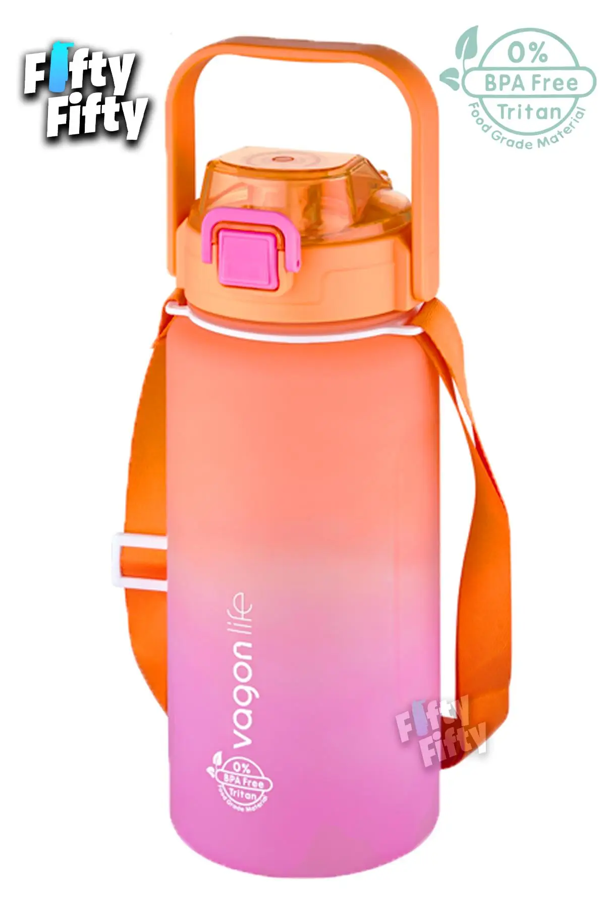 Vagonlife Tritan 1500ml Askılı-Pipetli/Pipetsiz Kullanım Çift Renk SoftTouch Motivasyon Matarası Çıkartma Hediyeli - Turuncu-Mor