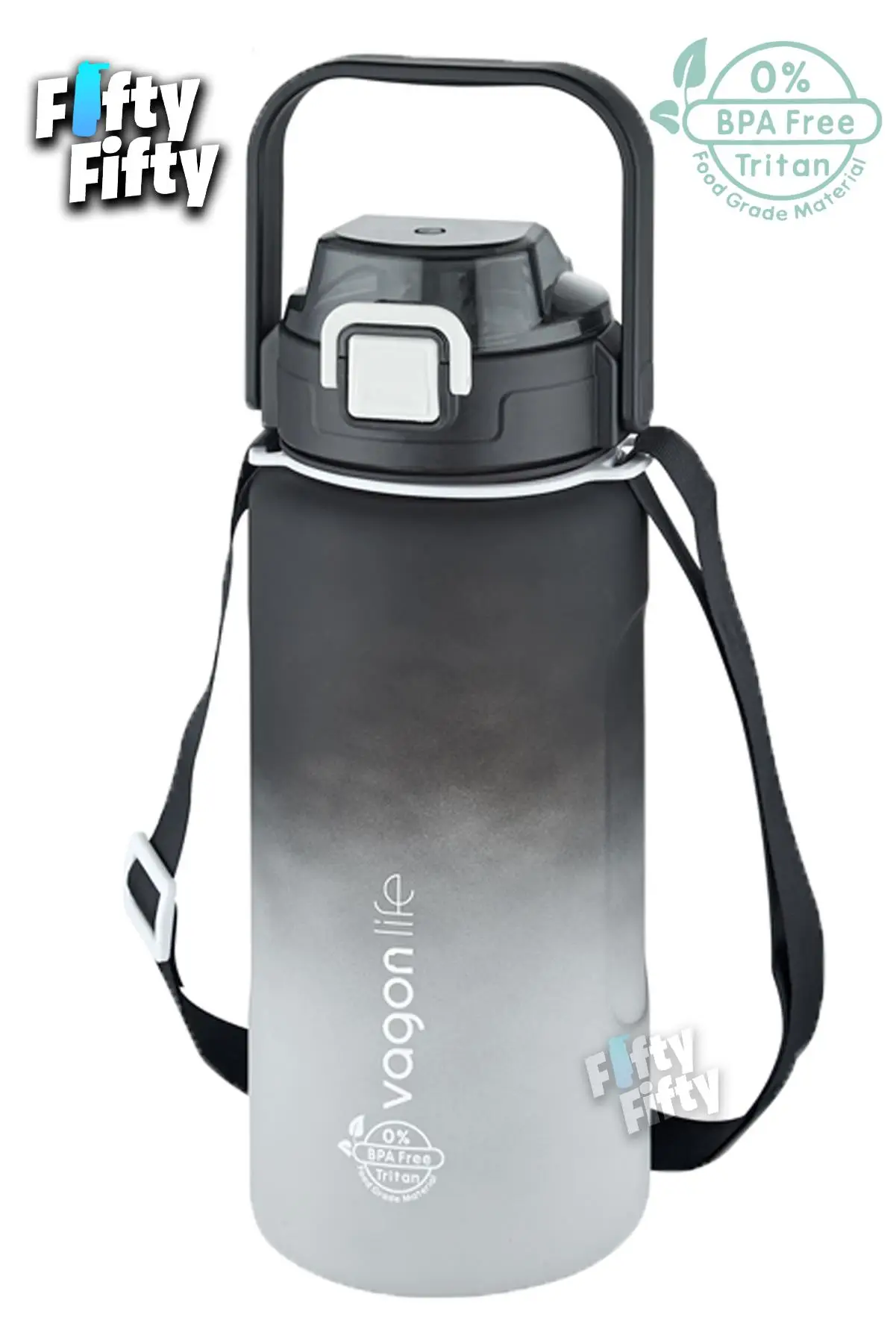 Vagonlife Tritan 1500ml Askılı-Pipetli/Pipetsiz Kullanım Çift Renk SoftTouch Motivasyon Matarası Çıkartma Hediyeli - Siyah-Beyaz