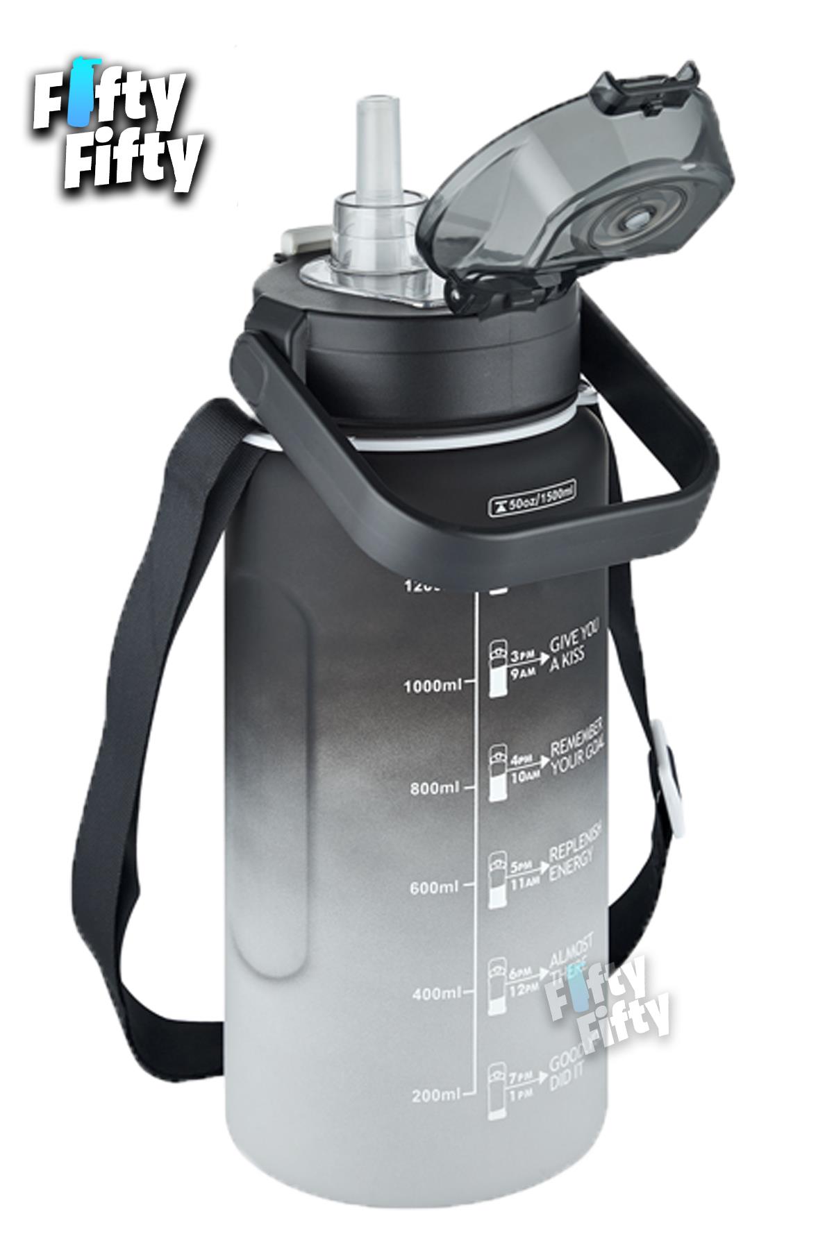 Vagonlife Tritan 1500ml Askılı-Pipetli/Pipetsiz Kullanım Çift Renk SoftTouch Motivasyon Matarası Çıkartma Hediyeli