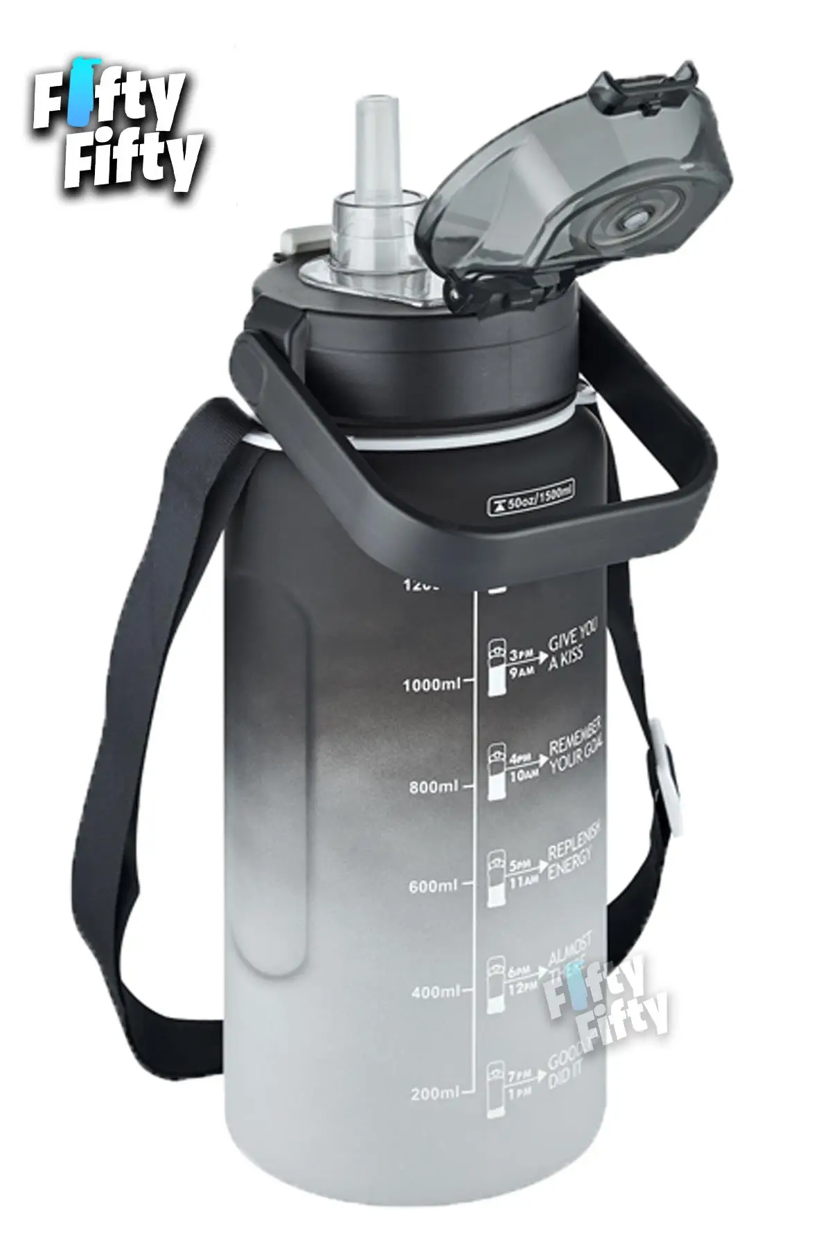 Vagonlife Tritan 1500ml Askılı-Pipetli/Pipetsiz Kullanım Çift Renk SoftTouch Motivasyon Matarası Çıkartma Hediyeli