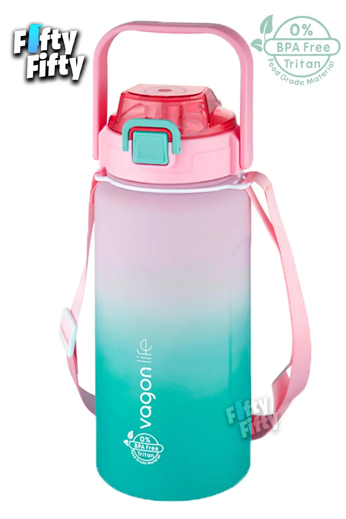 Vagonlife Tritan 1500ml Askılı-Pipetli/Pipetsiz Kullanım Çift Renk SoftTouch Motivasyon Matarası Çıkartma Hediyeli - Pembe-Yeşil