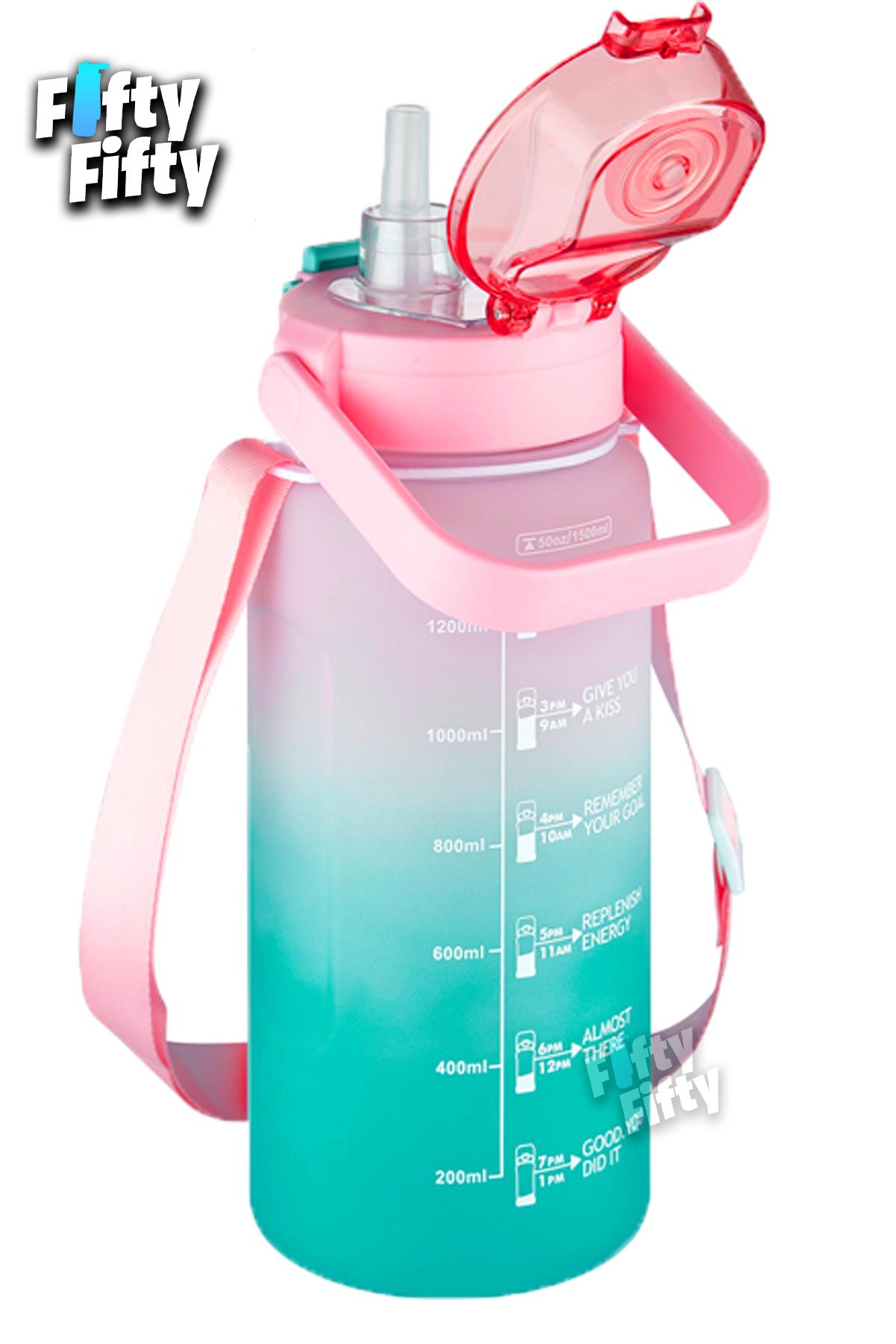 Vagonlife Tritan 1500ml Askılı-Pipetli/Pipetsiz Kullanım Çift Renk SoftTouch Motivasyon Matarası Çıkartma Hediyeli
