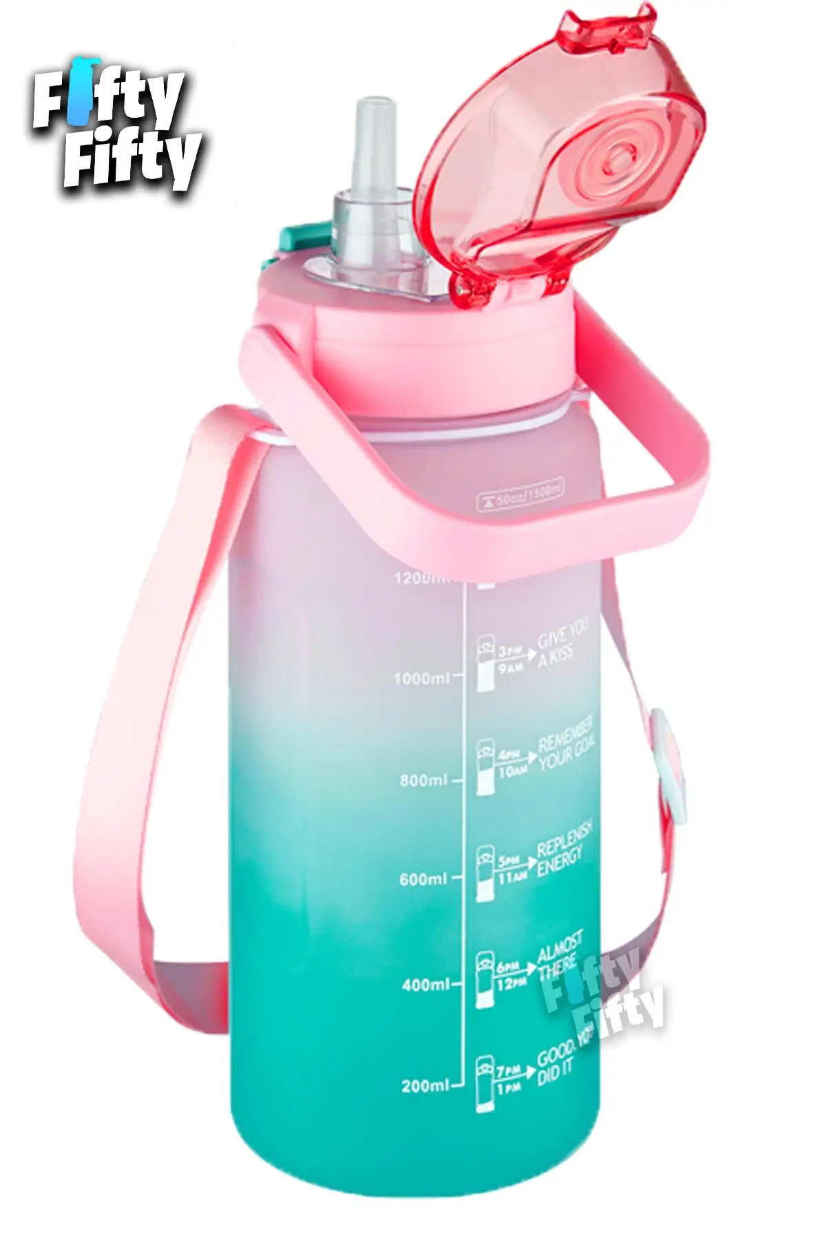 Vagonlife Tritan 1500ml Askılı-Pipetli/Pipetsiz Kullanım Çift Renk SoftTouch Motivasyon Matarası Çıkartma Hediyeli