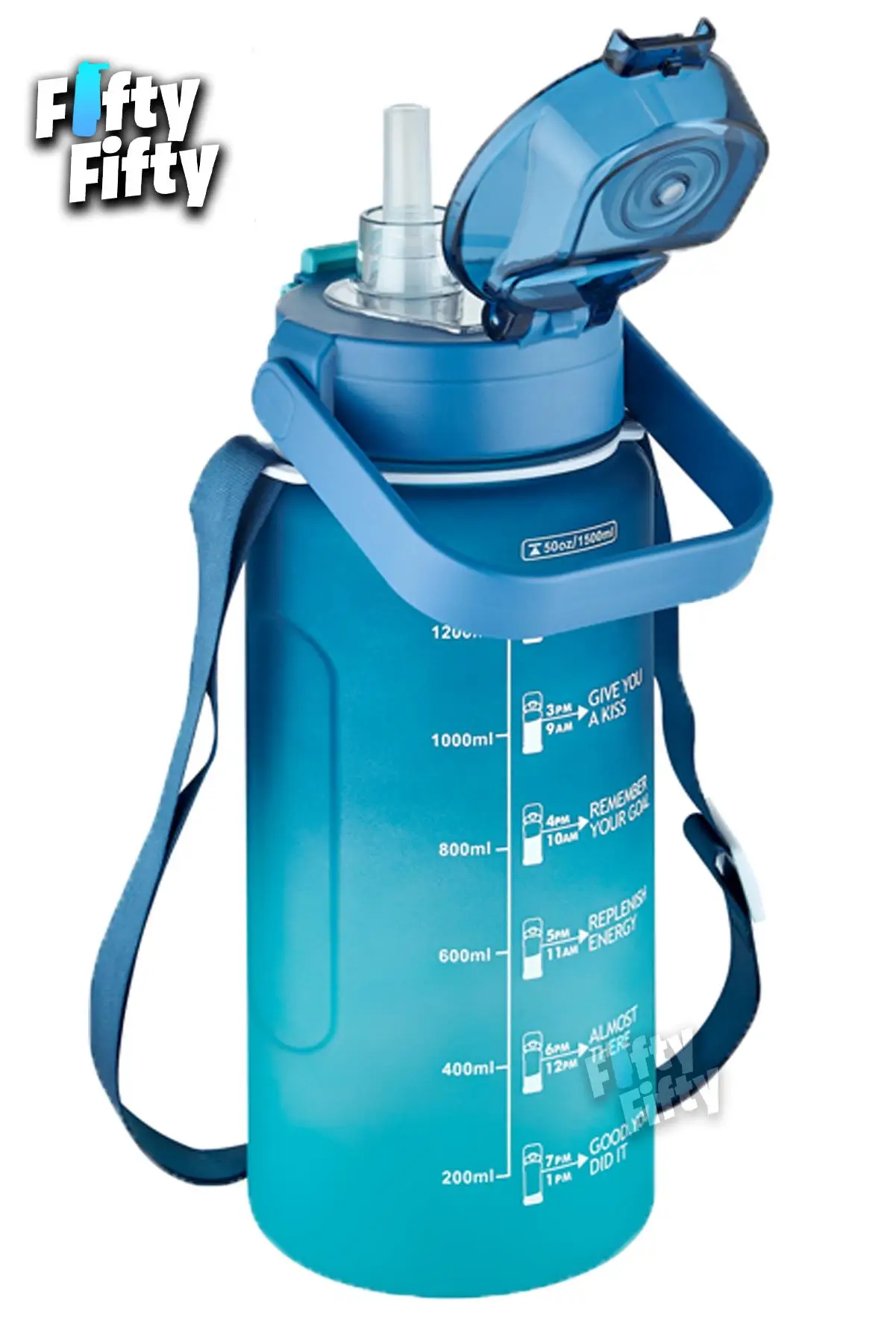 Vagonlife Tritan 1500ml Askılı-Pipetli/Pipetsiz Kullanım Çift Renk SoftTouch Motivasyon Matarası Çıkartma Hediyeli