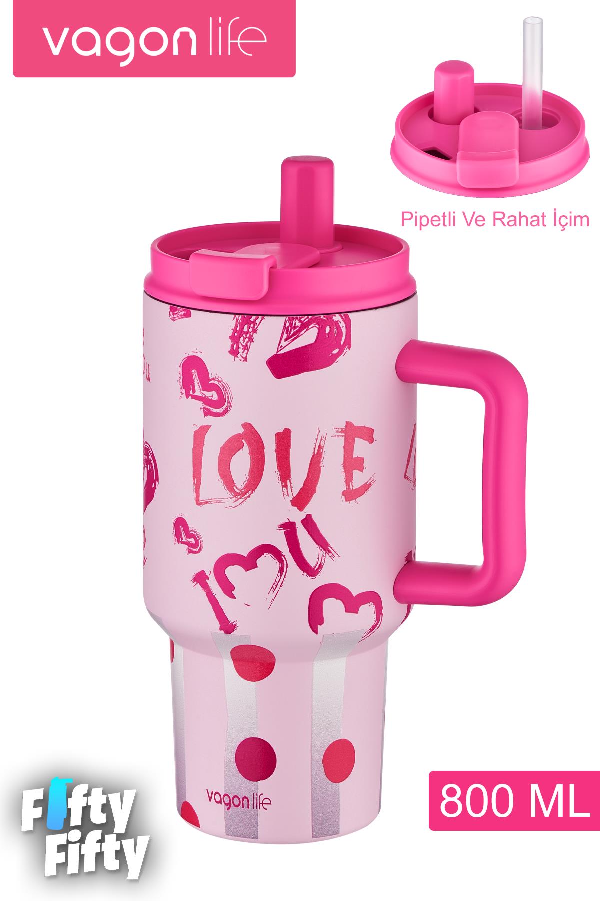 Vagonlife Tumbler Cup 800 ML Pipetli/Rahat İçim Vakumlu Paslanmaz Çelik Termos-FFVGN8138800ML - Pembe