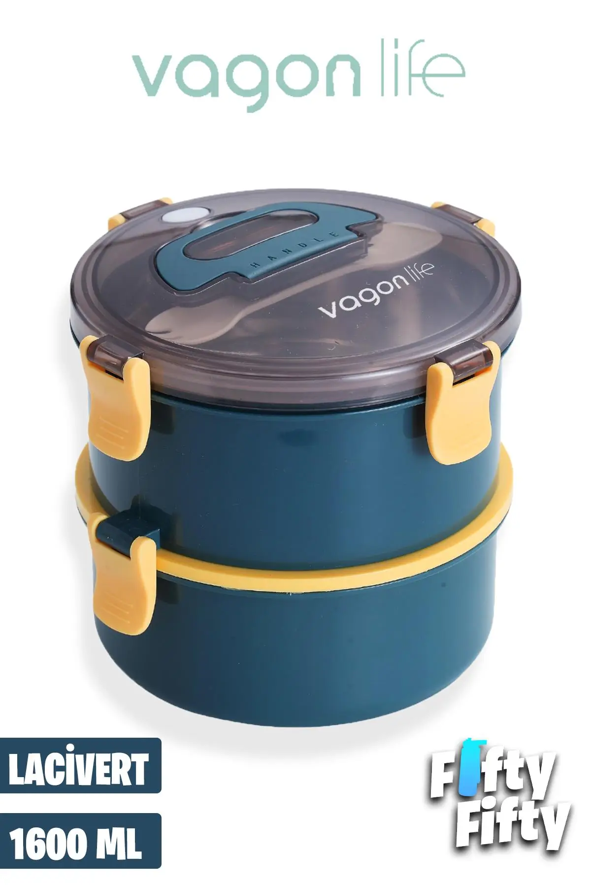 Vagonlife 1600 ML İki Kat Yuvarlak Paslanmaz Çelik Bento Lunch Box Yeni Nesil Sefer Tası-ÇatallıKaşık-397 - Lacivert