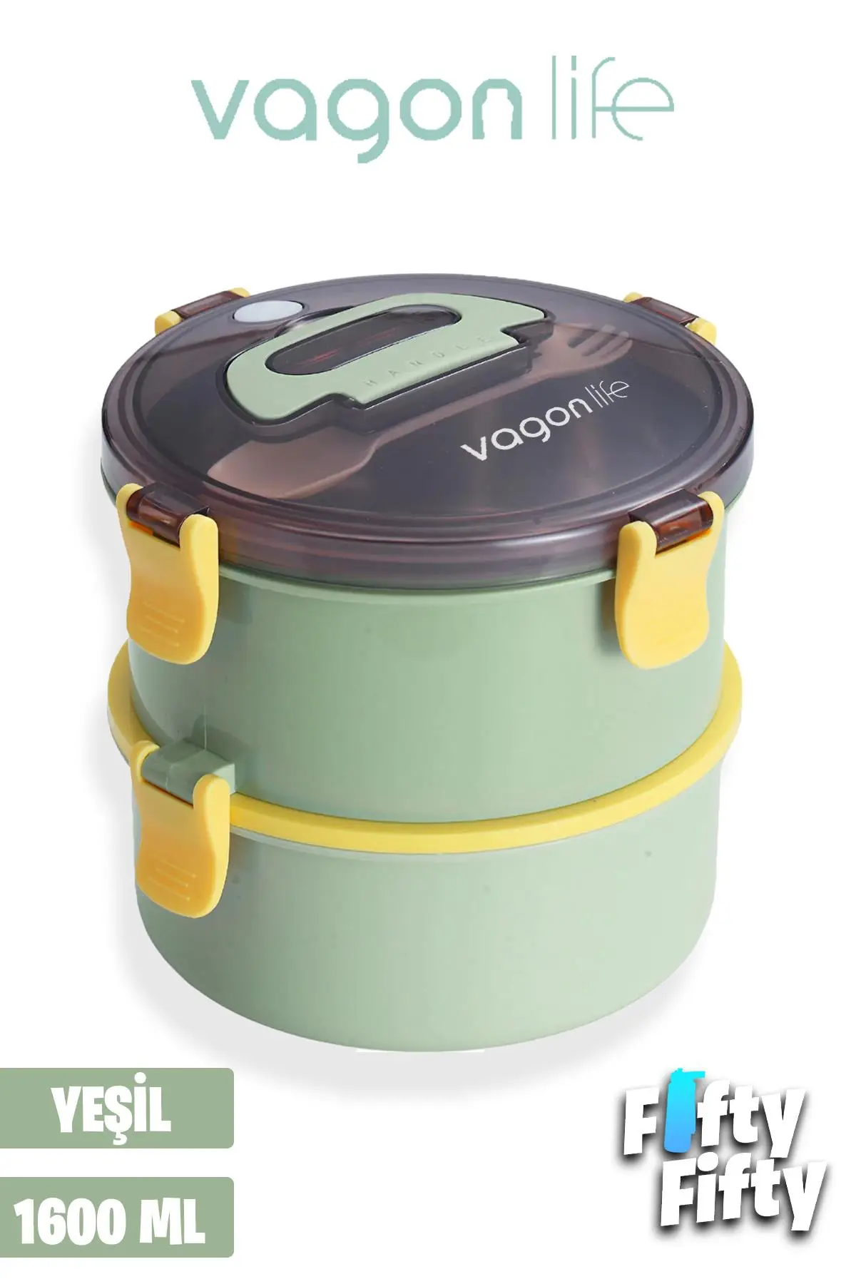 Vagonlife 1600 ML İki Kat Yuvarlak Paslanmaz Çelik Bento Lunch Box Yeni Nesil Sefer Tası-ÇatallıKaşık-397 - Yeşil