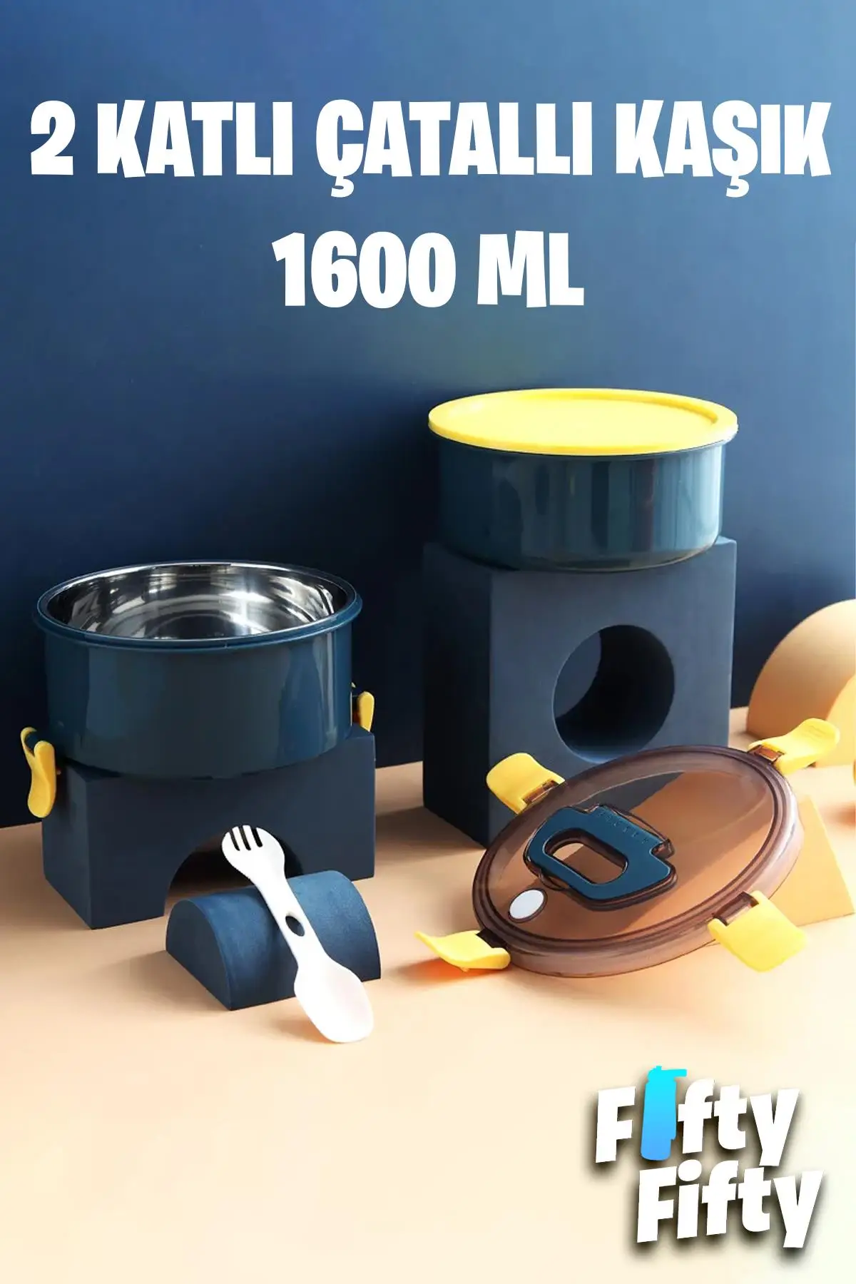 Vagonlife 1600 ML İki Kat Yuvarlak Paslanmaz Çelik Bento Lunch Box Yeni Nesil Sefer Tası-ÇatallıKaşık-397