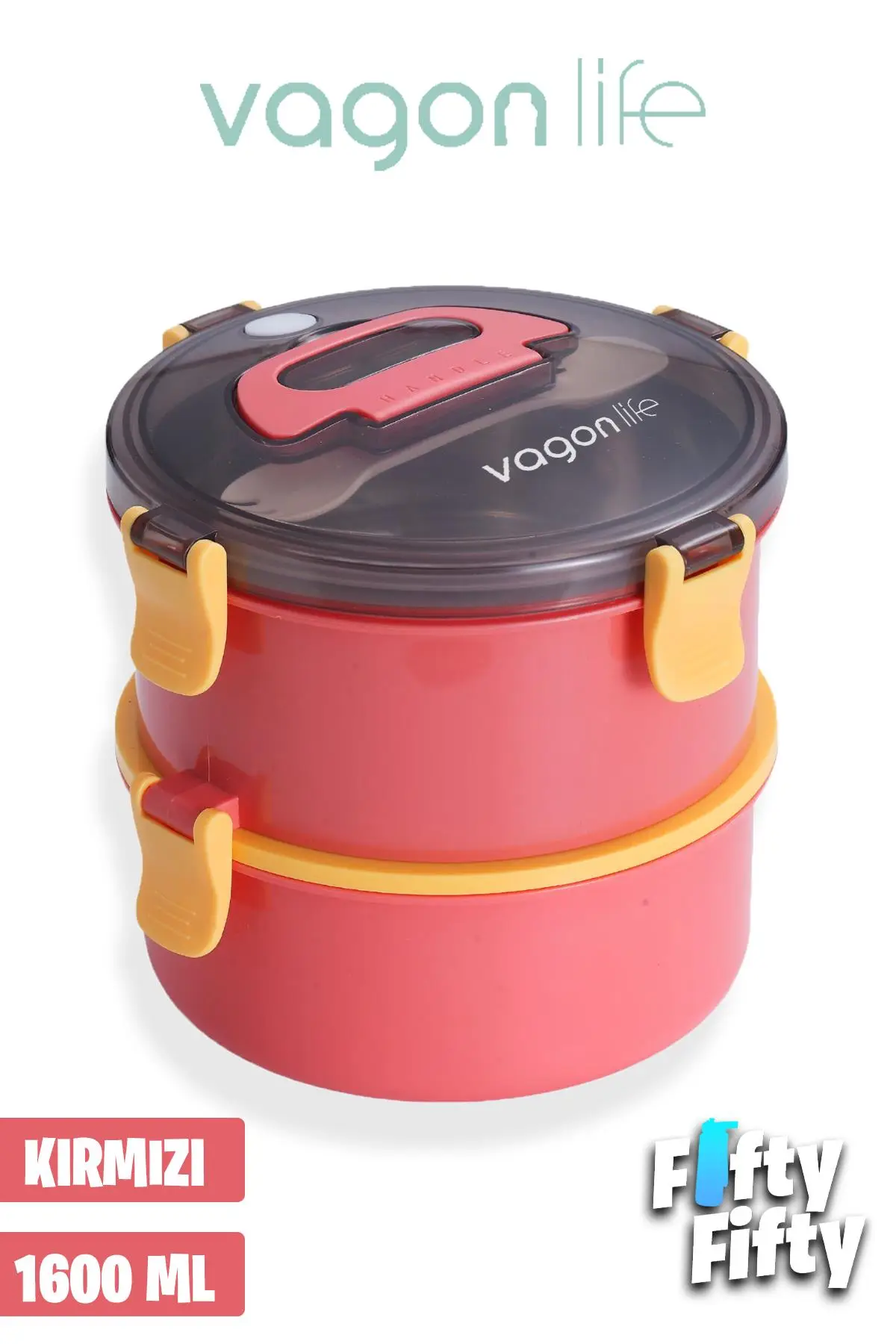 Vagonlife 1600 ML İki Kat Yuvarlak Paslanmaz Çelik Bento Lunch Box Yeni Nesil Sefer Tası-ÇatallıKaşık-397 - Kırmızı