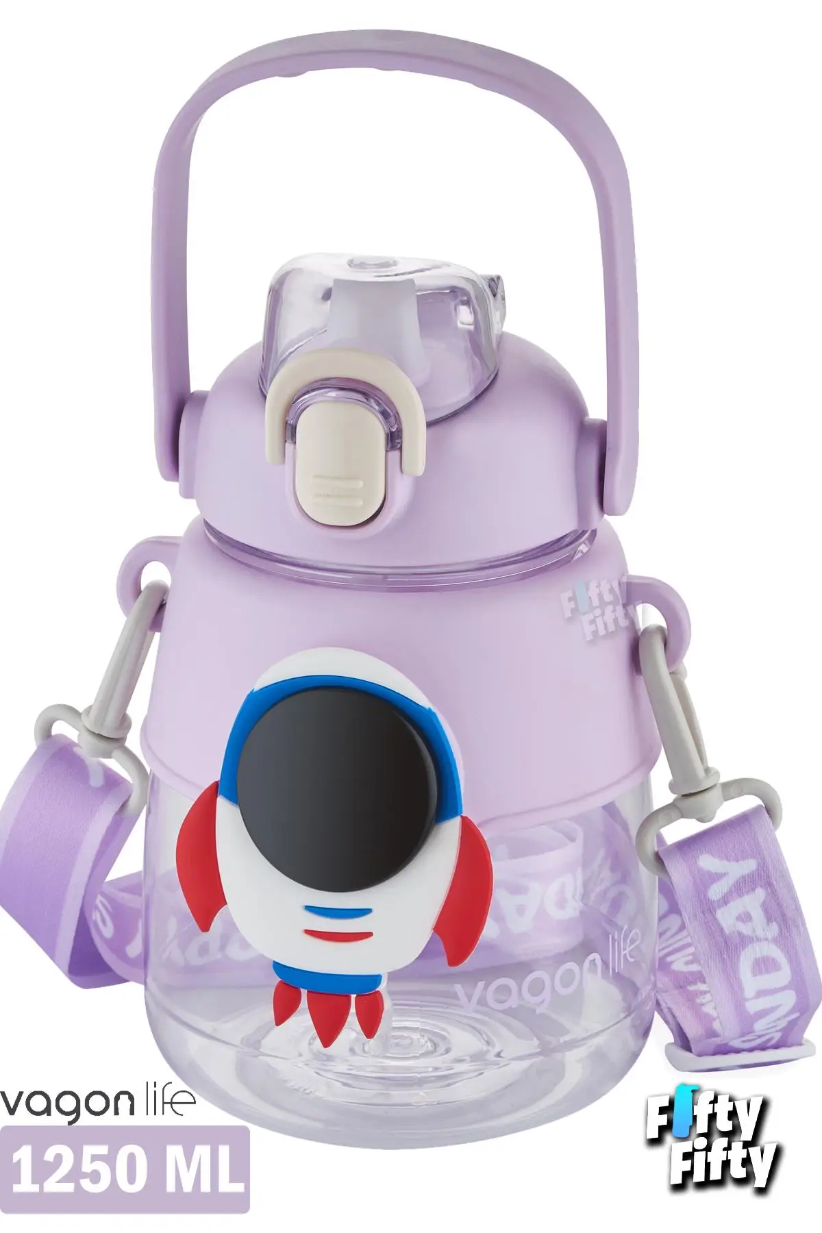 Vagonlife Silikon Pipetli 1250 ML Büyük Boy Askılı Ve Kulplu Su Matarası -Çıkartma Hediyeli-FFVGN6276-1250ML - Mor
