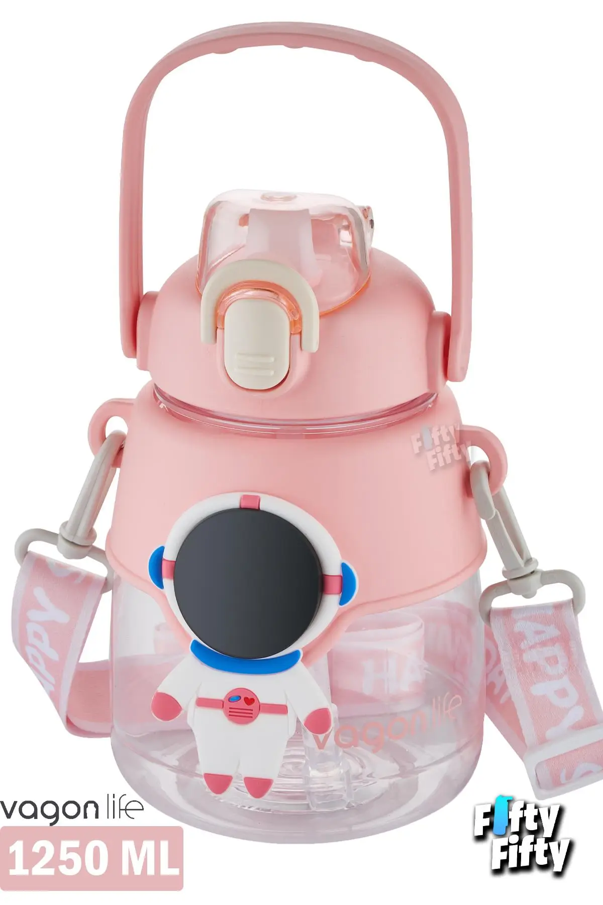 Vagonlife Silikon Pipetli 1250 ML Büyük Boy Askılı Ve Kulplu Su Matarası -Çıkartma Hediyeli-FFVGN6276-1250ML - Pembe
