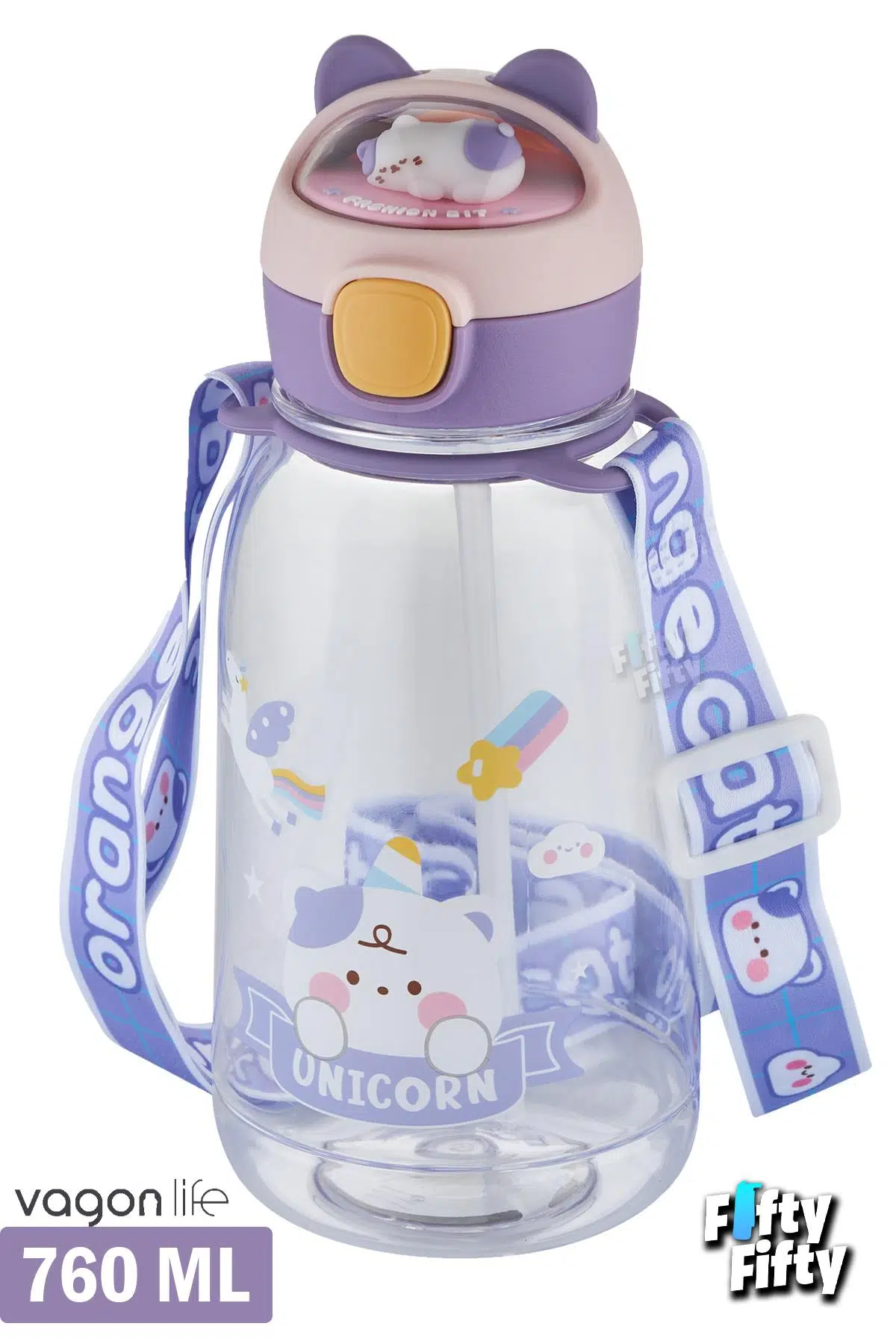 Vagonlife Pipetli 760 ML Boyun Askılı Çocuk Su Matarası 3D Hayvan Figürlü-FFVGN2021-760ML - Mor