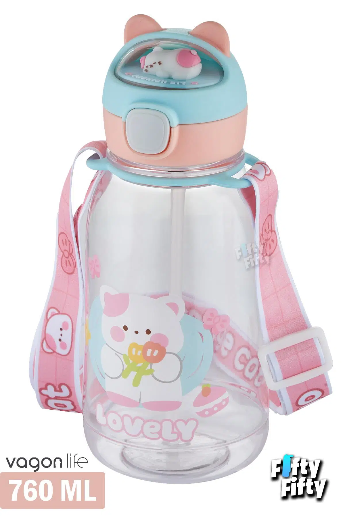 Vagonlife Pipetli 760 ML Boyun Askılı Çocuk Su Matarası 3D Hayvan Figürlü-FFVGN2021-760ML - Pembe