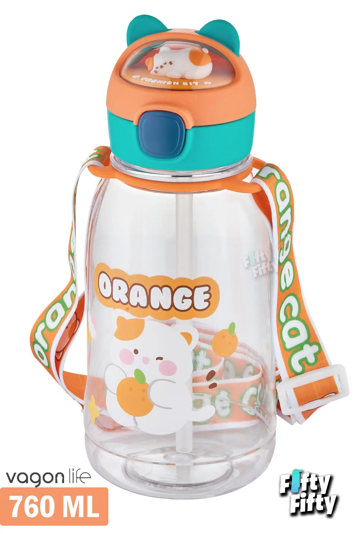 Vagonlife Pipetli 760 ML Boyun Askılı Çocuk Su Matarası 3D Hayvan Figürlü-FFVGN2021-760ML - Turuncu